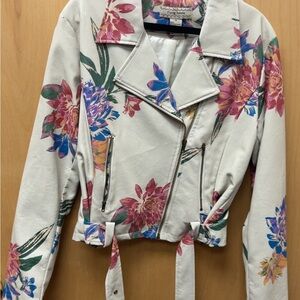Flying Tomato White Floral Leather Jacket